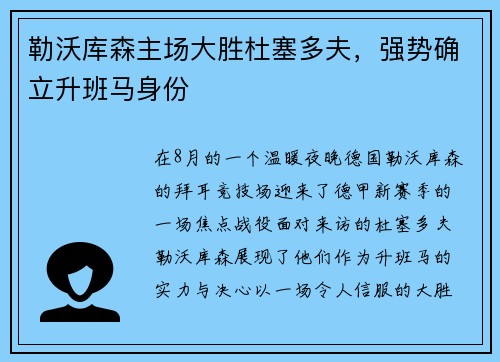 勒沃库森主场大胜杜塞多夫，强势确立升班马身份