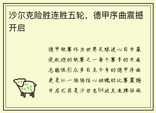沙尔克险胜连胜五轮，德甲序曲震撼开启