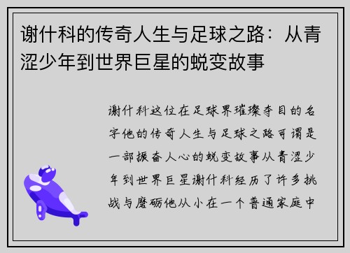 谢什科的传奇人生与足球之路：从青涩少年到世界巨星的蜕变故事