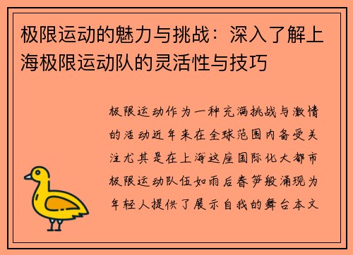 极限运动的魅力与挑战：深入了解上海极限运动队的灵活性与技巧