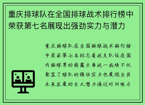 重庆排球队在全国排球战术排行榜中荣获第七名展现出强劲实力与潜力